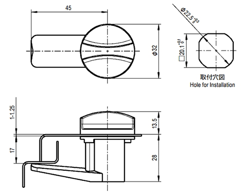栃木屋 クリップイン クォーターターン TEA-1000-U349の寸法図