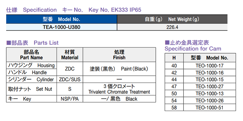 栃木屋 T型ハンドル TEA-1000-U380の寸法表