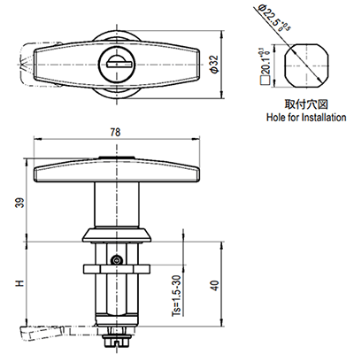 栃木屋 T型ハンドル TEA-1000-U380の寸法図