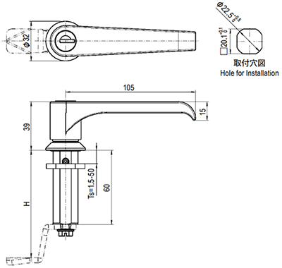 栃木屋 L型ハンドル TEA-1000-U626の寸法図
