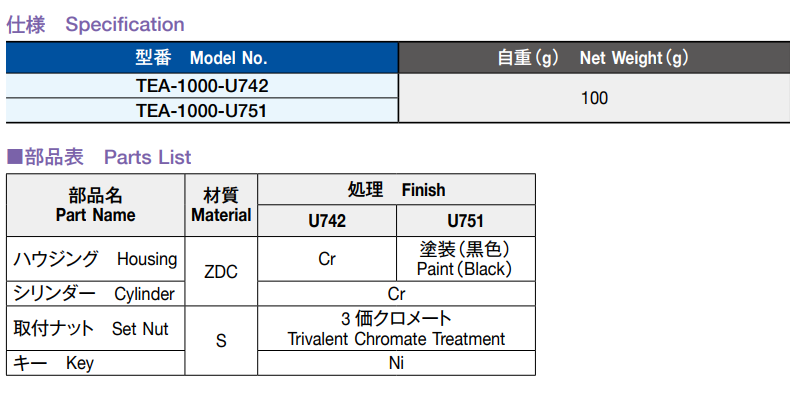 栃木屋 プッシュラッチシリンダー TEA-1000-U751の寸法表