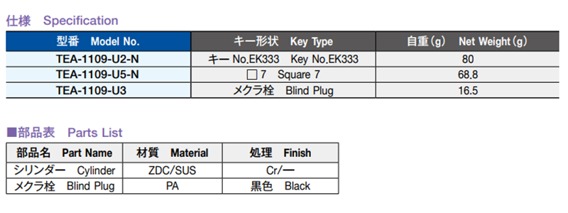 栃木屋 プロファイルハーフシリンダー TEA-1109-U2-Nの寸法表