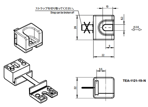 栃木屋 ロッドガイド TEA-1121-19-Nの寸法図