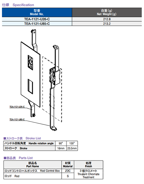 栃木屋 ロッドコントロール TEA-1121-U26-Cの寸法表