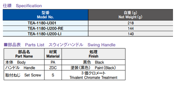 栃木屋 スウィングハンドル TEA-1180-U301の寸法表