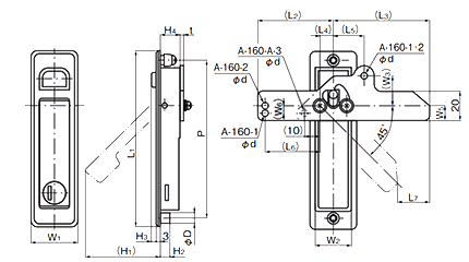 タキゲン A-160-A 押ボタン付平面ハンドル(亜鉛合金)の寸法図