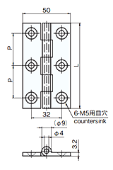 タキゲン B-201 黄銅引抜 平型蝶番(黄銅)の寸法図