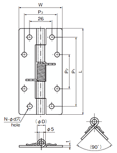 タキゲン B-1146 ステンレス スプリング付蝶番の寸法図