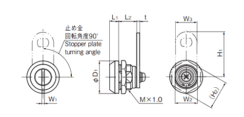 タキゲン C-286 ロック付ドライバー錠(マイナス溝)(亜鉛合金)の寸法図
