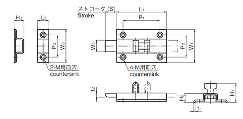 タキゲン C-1170 ステンレス 表付用角ラッチの寸法図
