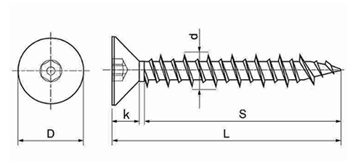 ステンレス SUS410 ピン・皿頭 六角ノープラグビス (コンクリート用ねじ)(いたずら防止)の寸法図
