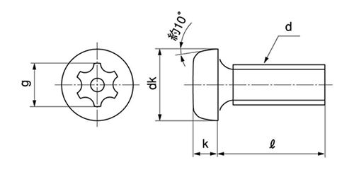 鉄 LR(ライン穴・タンパープルーフ) ナベ頭 小ねじの寸法図