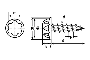 鉄 LH(ラインヘッド) タッピンねじ(1種 A形)の寸法図