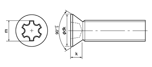 ステンレス LR(ライン穴・タンパープルーフ) 皿頭 小ねじの寸法図