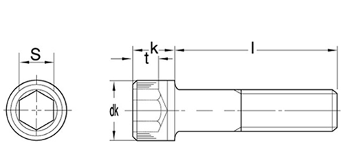 鋼 六角穴付きボルト(キャップスクリュー)(インチ・ウイット)の寸法図
