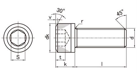 鋼 六角穴付きボルト(キャップスクリュー)(全ねじ)(カナメ製作所製)の寸法図