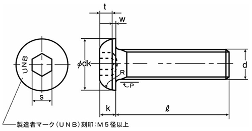 鋼 六角穴付きボタンボルト(ボタンキャップ)(アンブラコ製規格)の寸法図