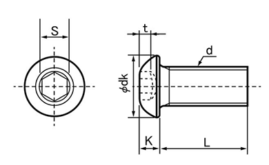 鋼 六角穴付きボタンボルト(ボタンキャップ)(SSS規格)(アンスコ製)の寸法図