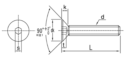 鋼 六角穴付き皿頭 ボルト(皿頭 キャップ)(SSS規格)(富信製)の寸法図