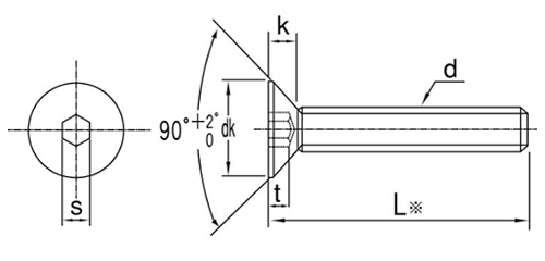 鋼 六角穴付き皿頭 ボルト(皿頭 キャップ)(JIS規格)の寸法図