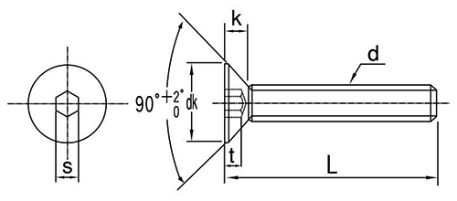 鋼 六角穴付き皿頭 ボルト(皿頭 キャップ)(JIS規格)(日本鋲螺製)の寸法図