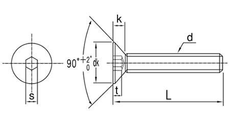 鋼 六角穴付き皿頭 ボルト(皿頭 キャップ)(DIN規格)(日星製)の寸法図