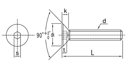 鋼 六角穴付き皿頭 ボルト(皿頭 キャップ)(JIS規格)(極東製)の寸法図