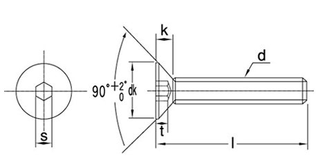 鋼 六角穴付き皿頭 ボルト(皿頭 キャップ)(全ねじ)の寸法図