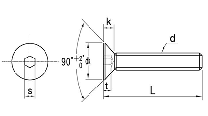 鋼 六角穴付き皿頭 ボルト(皿頭 キャップ) 左ねじの寸法図