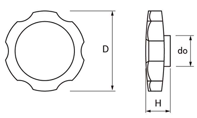 サムノブ(黒)(菊型) 六角穴付ボルト圧入用キャップのみの寸法図