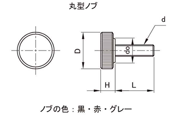 鋼 サムスクリュー(全ねじ)(黒)(丸型ローレット付き)の寸法図