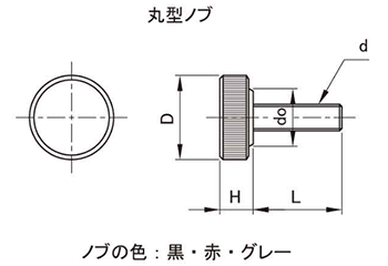 鋼 サムスクリュー(全ねじ)(グレー)(丸型ローレット付き)の寸法図