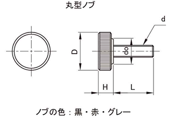 鋼 サムスクリュー(全ねじ)(赤)(丸型ローレット付き)の寸法図