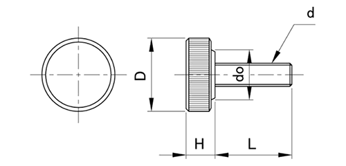 鋼 サムスクリュー(全ねじ)(グレー)(丸型ローレット付き)(M6-φ26)の寸法図
