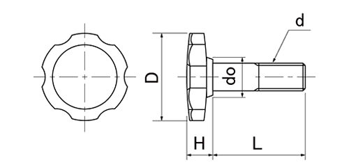 鋼 サムスクリュー(半ねじ)(黒)(菊型外径38mm品)の寸法図