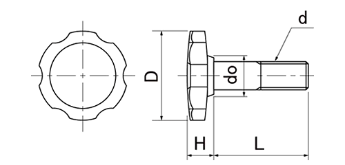 鋼 サムスクリュー(半ねじ)(グレー)(菊型外径38mm品)の寸法図