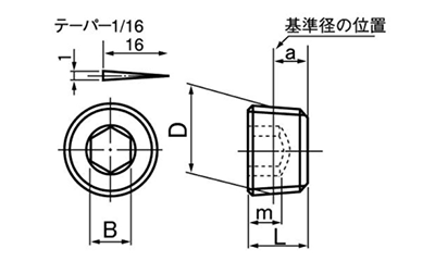 鋼 六角穴付テーパねじプラグ(浮き)(極東製作所製)の寸法図