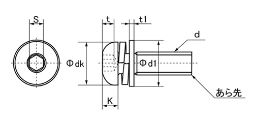 鋼 六角穴付きボタンボルト(ボタンキャップ)(SSS規格) P＝4 (バネ座+JIS小平座)(アンスコ製)の寸法図