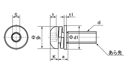 鋼 六角穴付きボタンボルト(ボタンキャップ) I＝3 (バネ座+ISO平座 組込)(アンスコ製)の寸法図