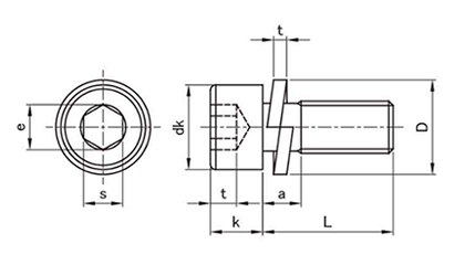 鋼 WA-S 六角穴付きボルト(キャップスクリュー) P＝2 (バネ座組込)(全ねじ)(アンスコ製)の寸法図