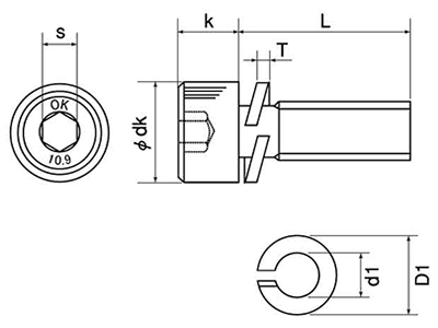 鋼 10.9 六角穴付きボルト(キャップスクリュー) P＝2 (バネ座組込)(全ねじ)(岡井鉄工製)の寸法図