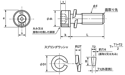 鋼 10.9 六角穴付きボルト(キャップスクリュー) P＝2 (バネ座組込)(オーアイテック製)の寸法図