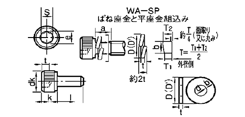 鋼 10.9 六角穴付きボルト(キャップスクリュー) WA-SP(P＝3)(バネ座+JIS平座組)アンスコ品の寸法図