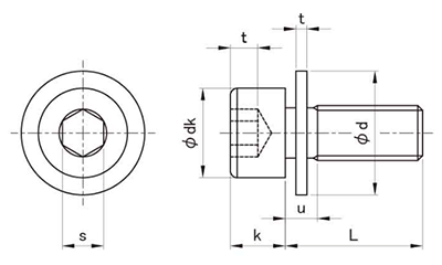 鋼 六角穴付きボルト(キャップスクリュー) I＝1 (ISO 平座組込)(全ねじ)の寸法図