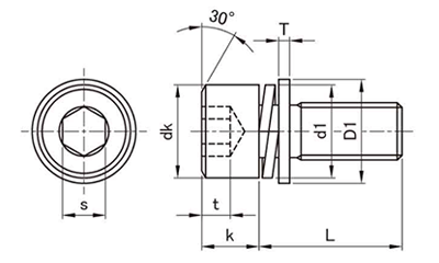 鋼 六角穴付きボルト(キャップスクリュー) I＝3 (バネ座+ISO平座)(全ねじ)の寸法図
