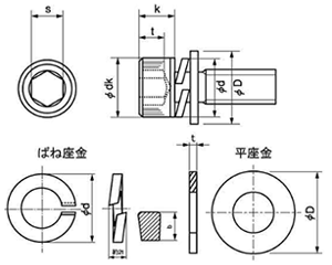 鋼 六角穴付きボルト(キャップスクリュー) WA-SP (I＝3/S座+ISO平座)(アンスコ製)の寸法図