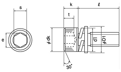 鋼 CAP-SPW(キャップスクリュー) I＝3 (バネ座+ISO平座)(全ねじ)(極東製作所製)の寸法図
