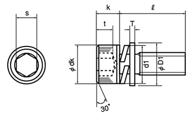 鋼 六角穴付きボルト(キャップスクリュー) I＝4 (バネ座+ISO小平座)(全ねじ)の寸法図