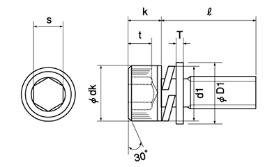 鋼 10.9 六角穴付きボルト(キャップスクリュー) I＝4 (バネ座+ISO小平座)(岡井鉄工製)の寸法図