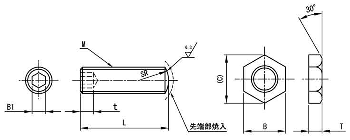 鋼 調整ボルトセット六角穴付き(ASH並目)(鉄ナット付)の寸法図